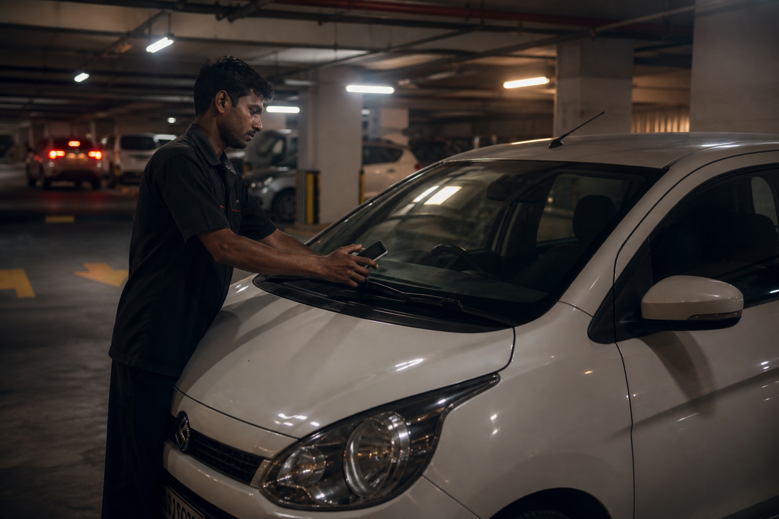 Cleaner in an underground parking garage
