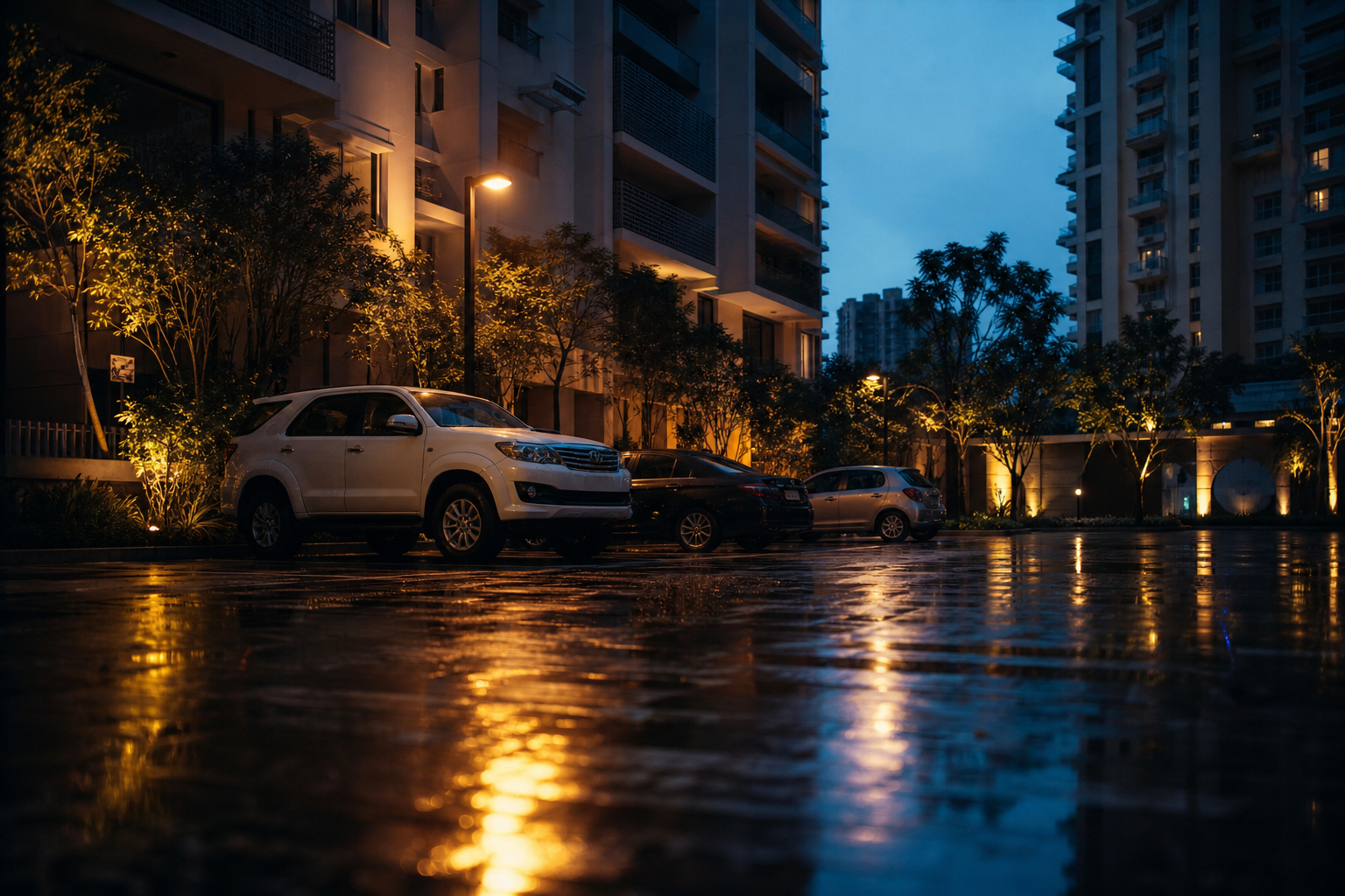 Parked cars in a wet lot at dawn